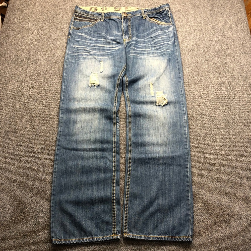 Mens Y2K Distressed Wide Leg Jeans Blue Wash Embroidered  38x33